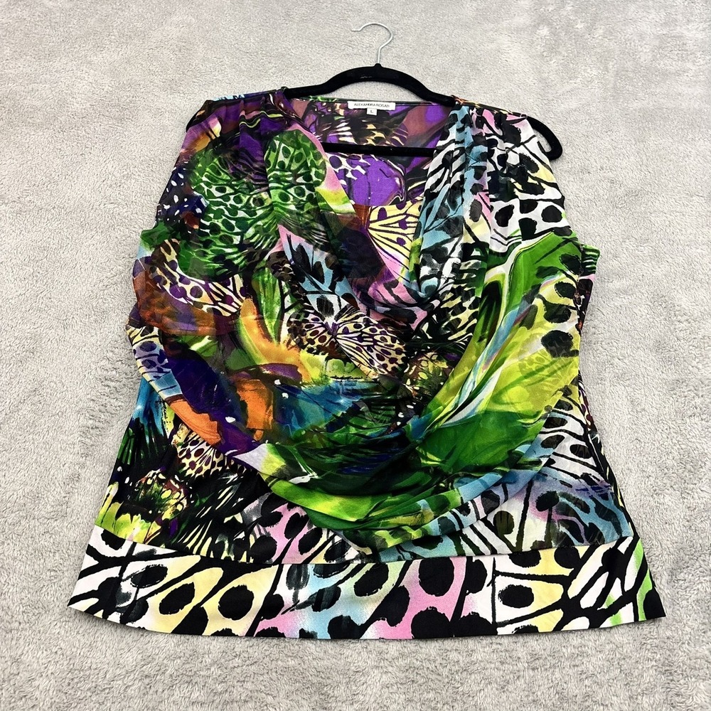 VTG Alexandra Rosati Sheer Cowl Neck Top Womens L Multicolor Butterfly Artsy Y2K